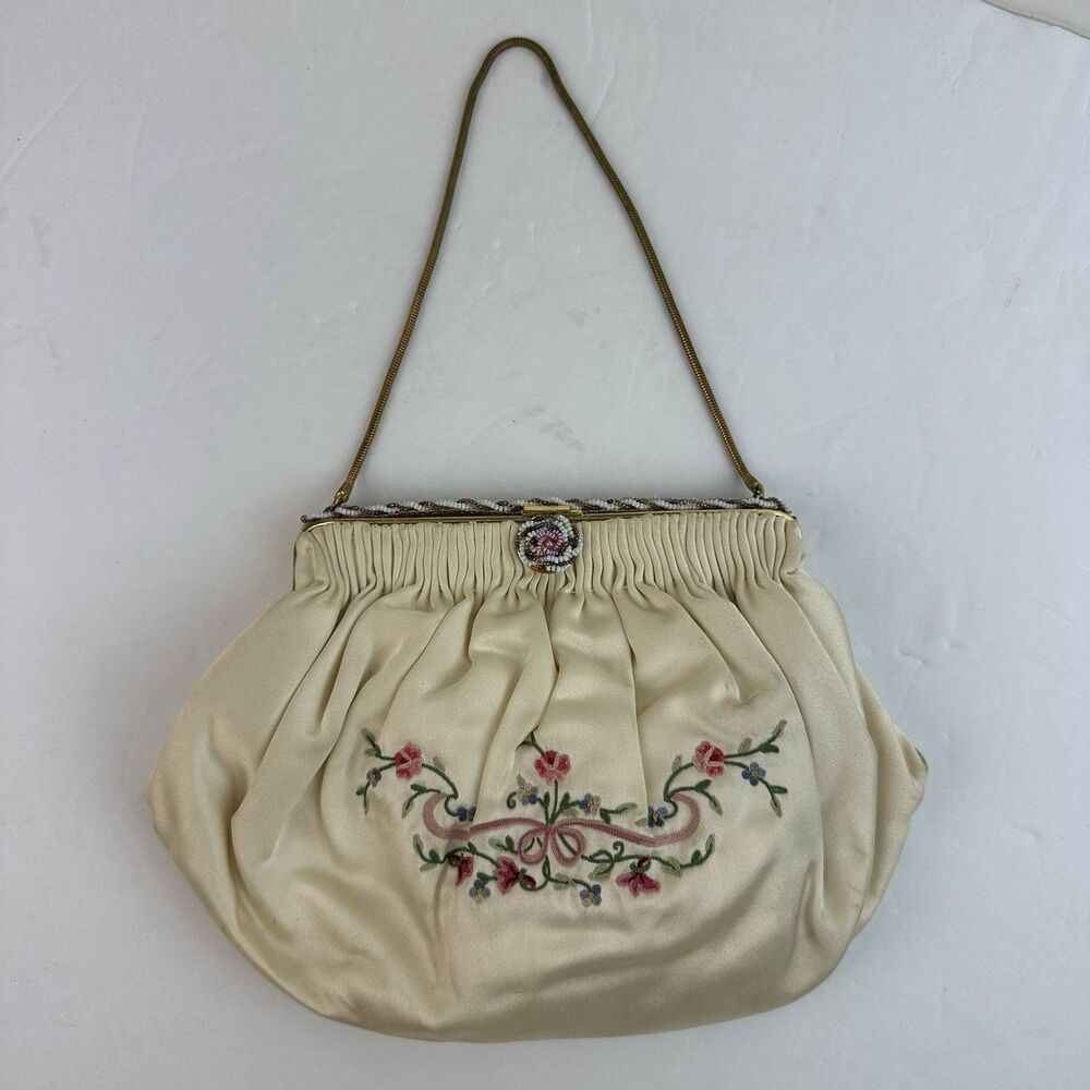 Vintage French Ivory Satin Floral Embroidered Purse Evening Bag Beaded Clutch